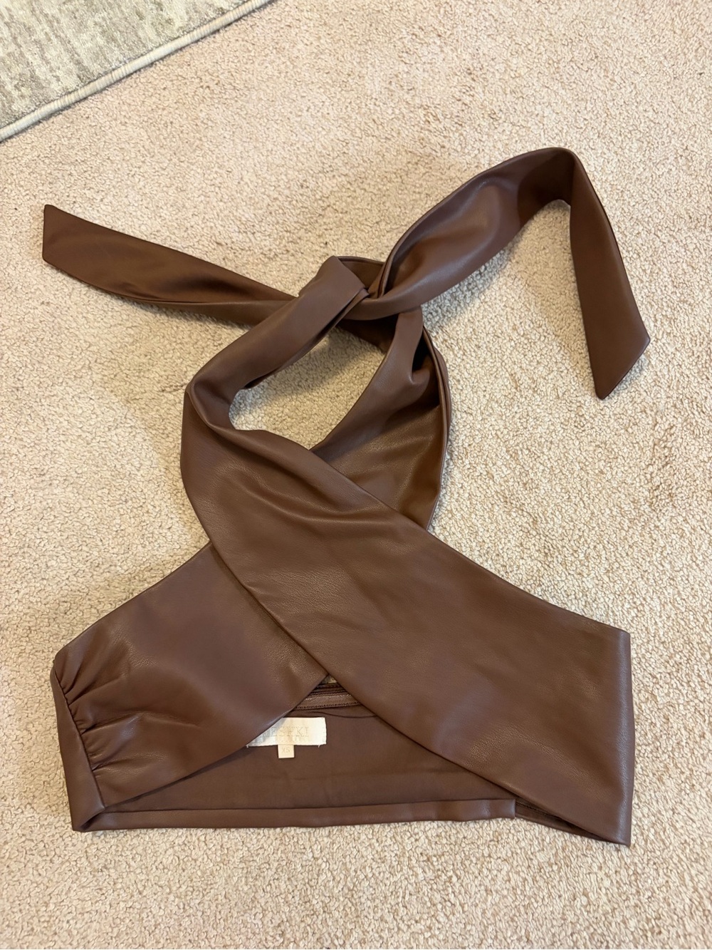 Meshki Brown Faux Leather Halter Wrap Crop Top